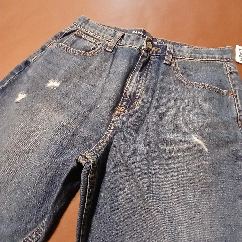 Old Navy Girls 16 Medium Wash Denim High-Waist Slouchy Straight Ripped Jeans NWT
